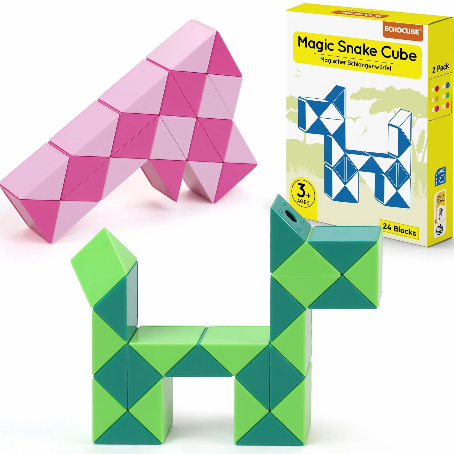 Magic Snake Cube, 2 Pack 24 części Twists Puzzle Party Favours Gifts, Educational Creative Fidget Toys for Kids/Adults (Zielony i różowy), TG22DC086