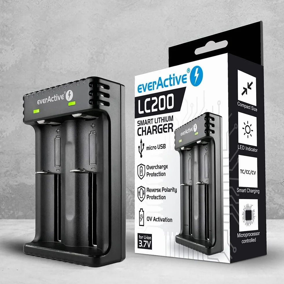 everActive Ładowarka do 2 sztuk akumulatorów litowo-jonowych, takich jak 18650, profesjonalna, szybka, micro USB, model: LC-200, czarna