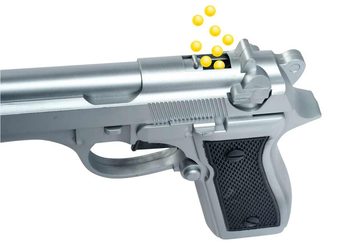 Simba 108022556 – pistolet kulowy z amunicją, 3-krotne sortowanie, tylko jeden artykuł, 100 bombek, 21 cm, pistolet dla dzieci od 3 lat