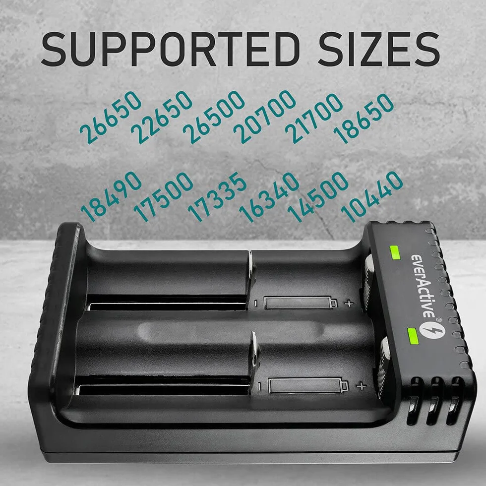 everActive Ładowarka do 2 sztuk akumulatorów litowo-jonowych, takich jak 18650, profesjonalna, szybka, micro USB, model: LC-200, czarna