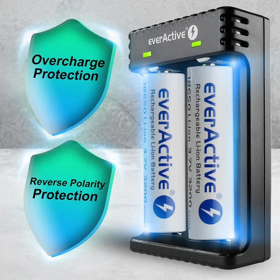 everActive Ładowarka do 2 sztuk akumulatorów litowo-jonowych, takich jak 18650, profesjonalna, szybka, micro USB, model: LC-200, czarna