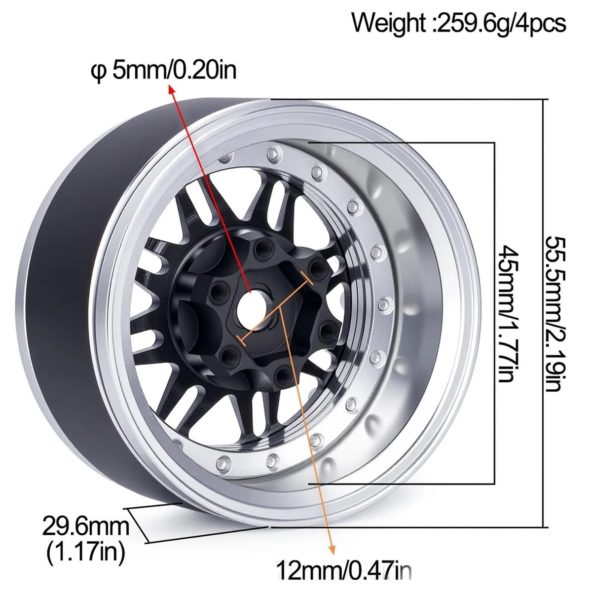 1,9" CNC Aluminium Beadlock felgi do 1/10 RC Crawler Axial SCX10 TRX4 TRX6 Gen8 Upgrade Parts (Black)