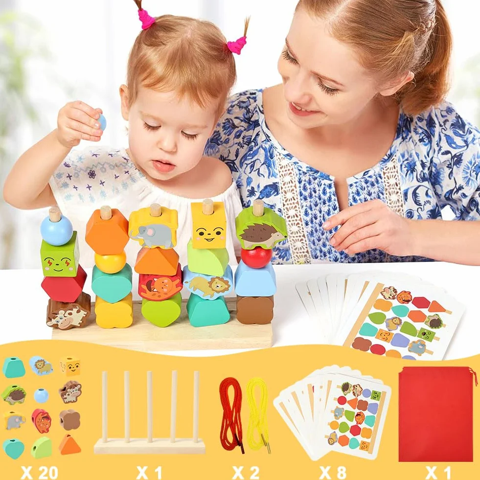 Układanie i nawlekanie drewna, Montessori Gry układane w stos,Edukacyjne Geometryczne Kolory Sortowanie Bloków,Gry Edukacyjne Dzieci 2 3 4 Lata,Dobra motoryczność