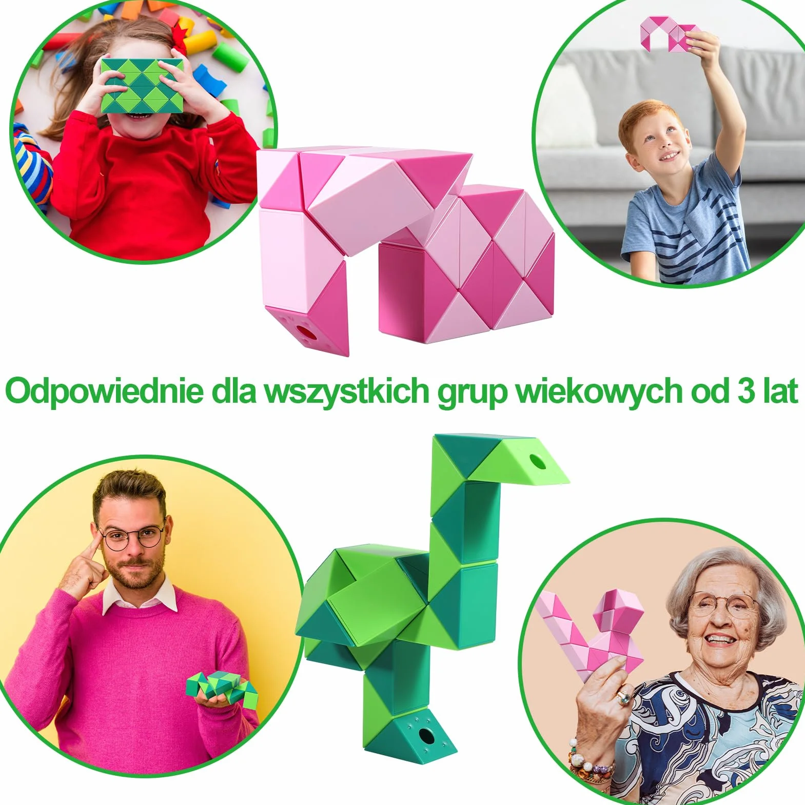 Magic Snake Cube, 2 Pack 24 części Twists Puzzle Party Favours Gifts, Educational Creative Fidget Toys for Kids/Adults (Zielony i różowy), TG22DC086