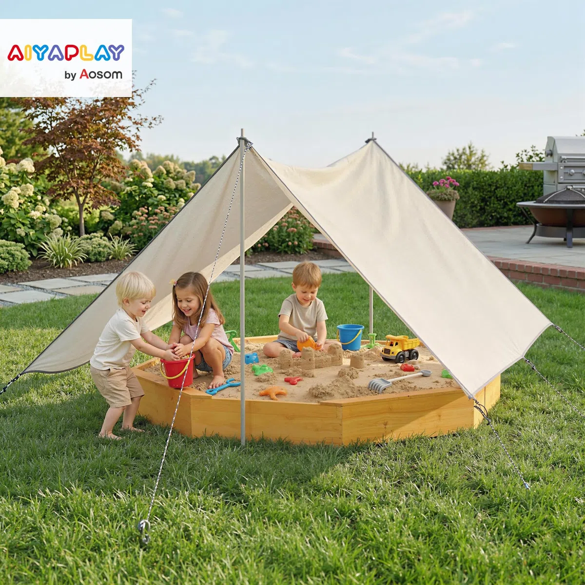 AIYAPLAY Piaskownica z dachem drewniana 214,5x214,5 cm dla 8 dzieci Żółta