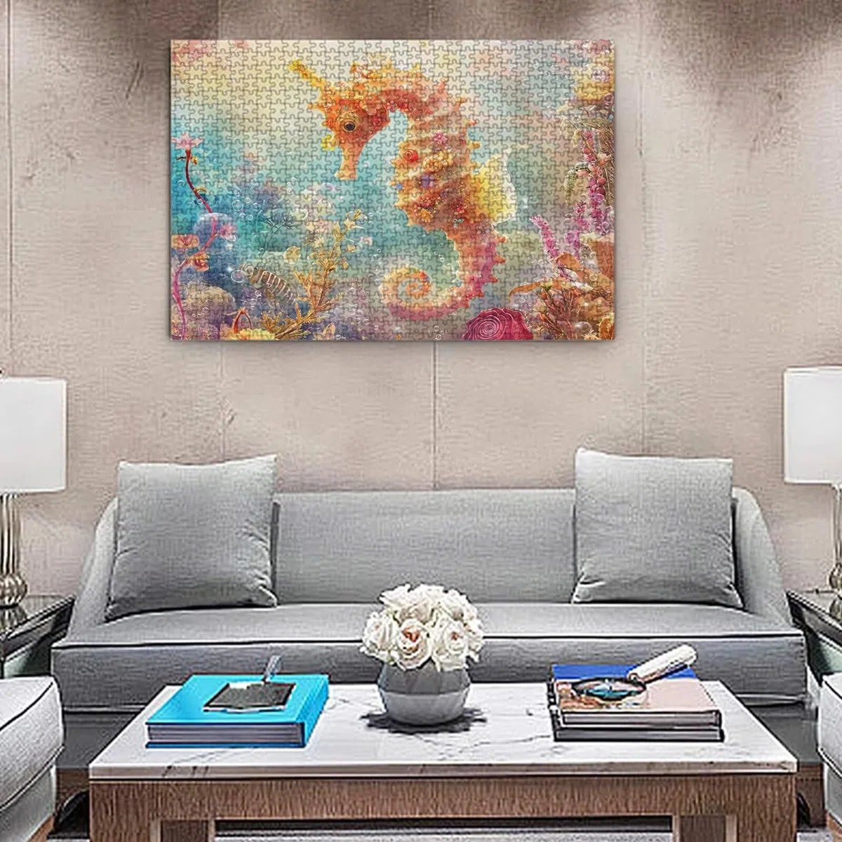 Puzzle 2000 sztuk, puzzle dla dorosłych, niemożliwe, trudne, wyzwanie, gry logiczne DIY dla całej rodziny, prezenty dla kobiet, prezenty dla mężczyzn, kreatywne hobby, temat: konik morski ocean K0F