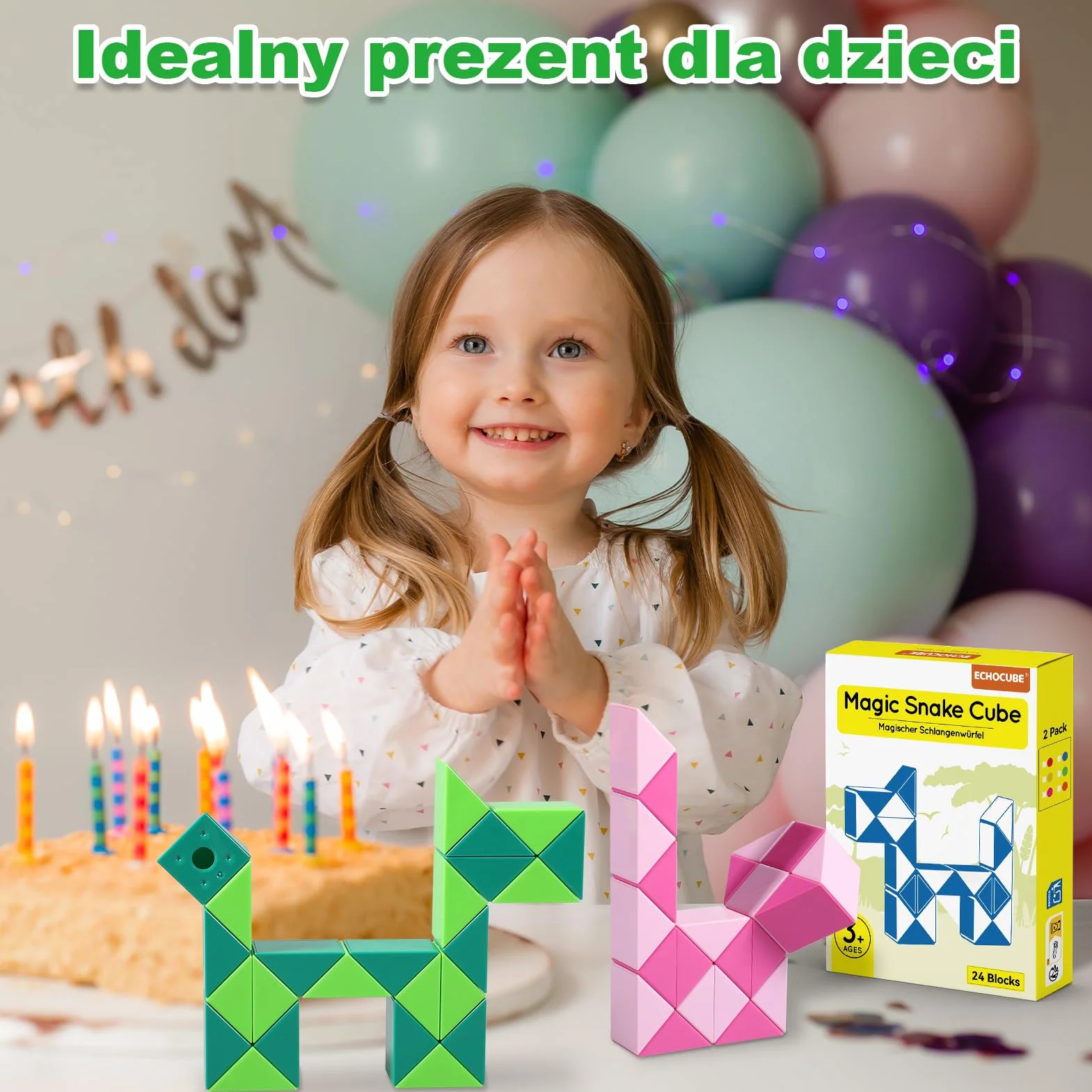 Magic Snake Cube, 2 Pack 24 części Twists Puzzle Party Favours Gifts, Educational Creative Fidget Toys for Kids/Adults (Zielony i różowy), TG22DC086