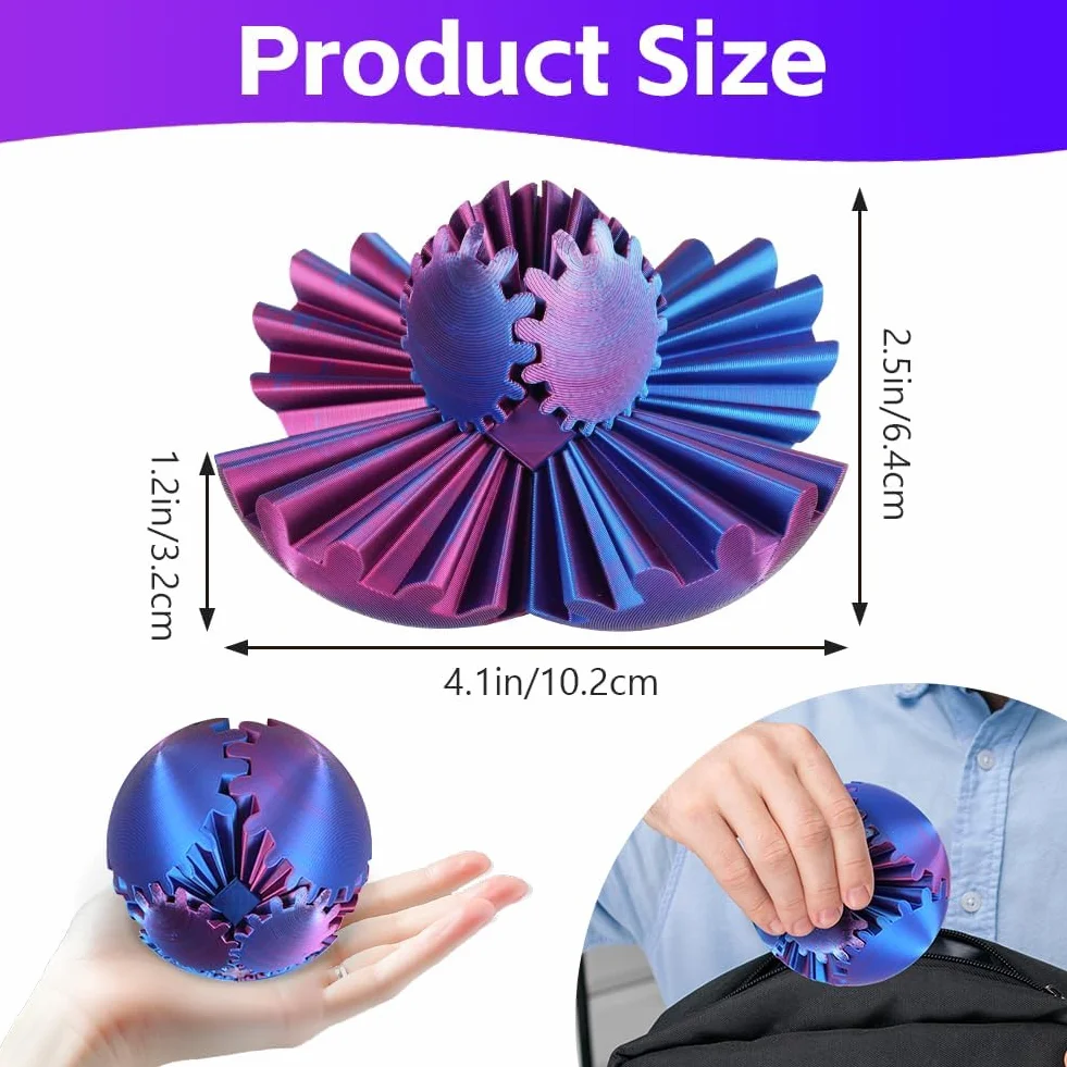 Ainiv Z nadrukiem 3D Gear Ball Fidget, wirowa piłka Fidget Toy, steampunk Whirling Wonder Fidget, antystresowe zabawki dla dzieci, dorosłych, Czerwony Niebieski - 8 cm