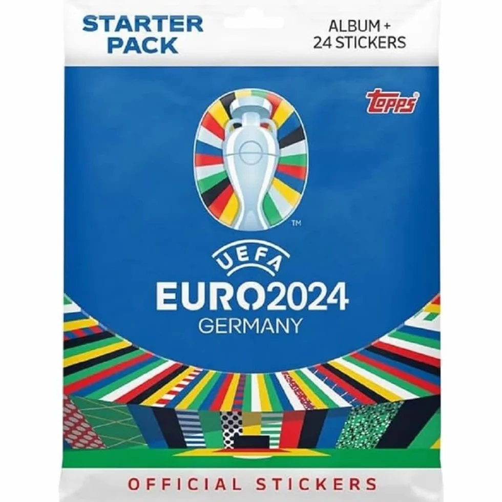 Topps Official Euro 2024 Sticker Collection – zestaw startowy – zawiera 24 naklejki i 88-stronicowy album.