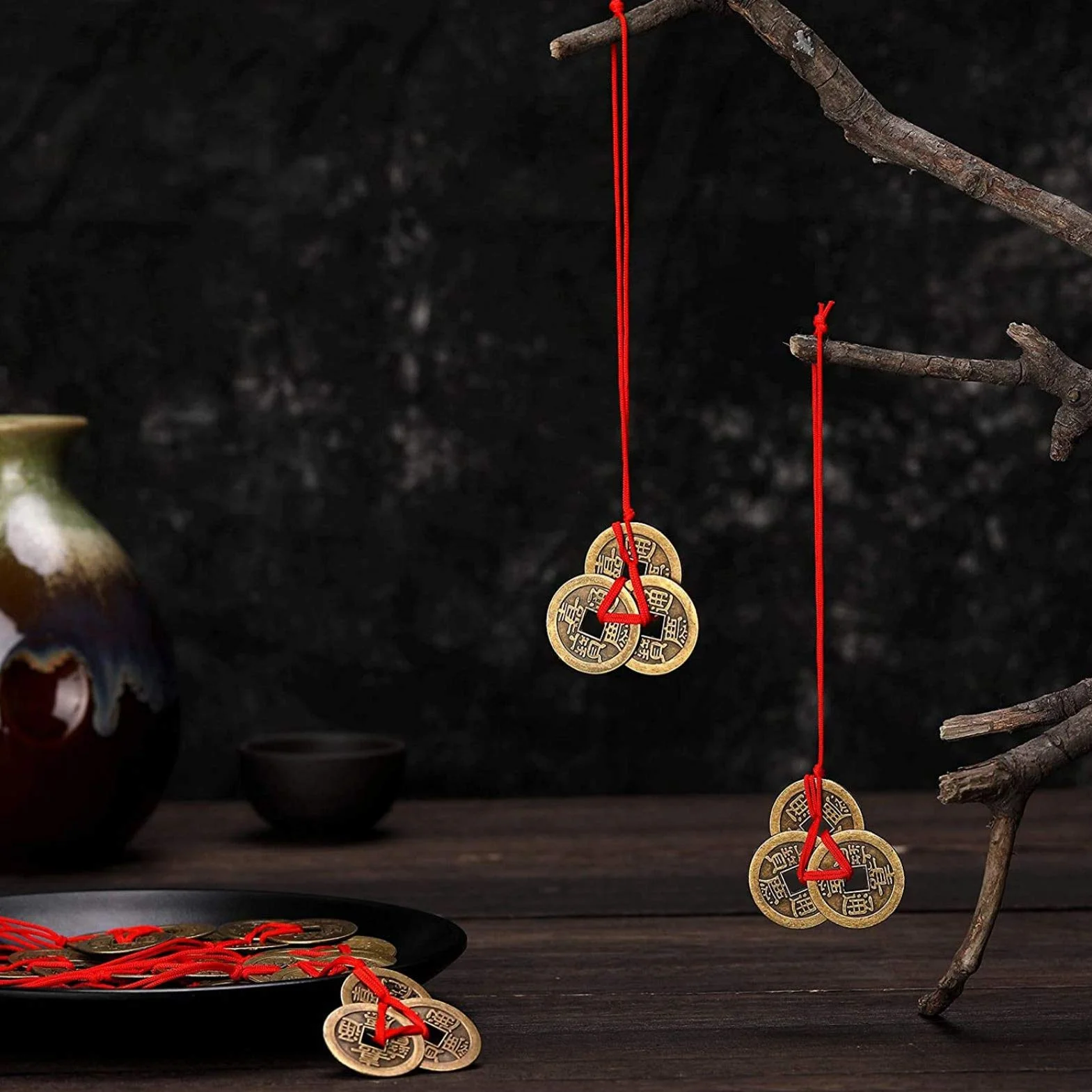 Risegun Chińskie Monety Szczęścia, Feng Shui Monety I-Ching Chińskie Monety Szczęście Monety Feng Shui Ching Tradycyjne monety Czerwone Druty dla(10)