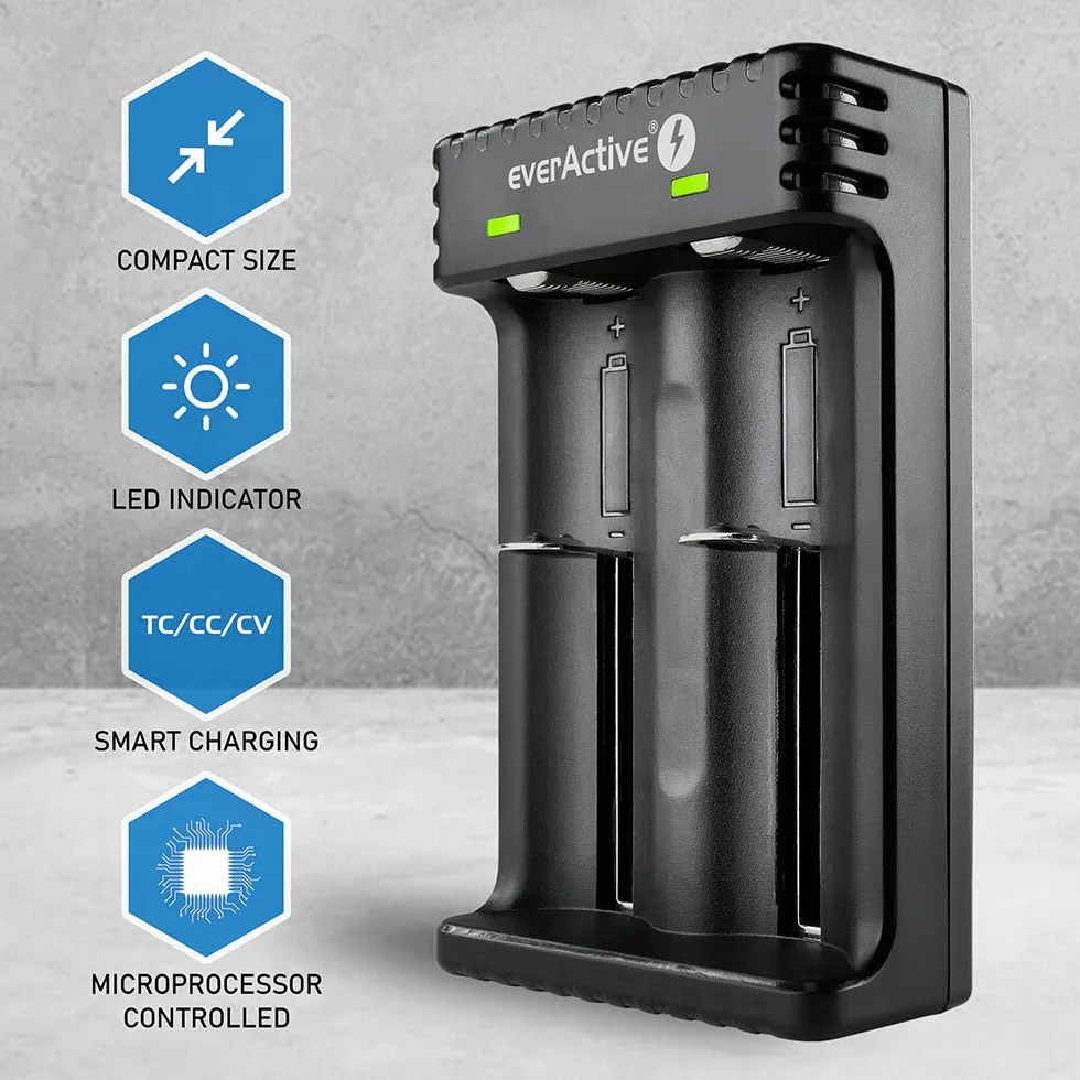 everActive Ładowarka do 2 sztuk akumulatorów litowo-jonowych, takich jak 18650, profesjonalna, szybka, micro USB, model: LC-200, czarna